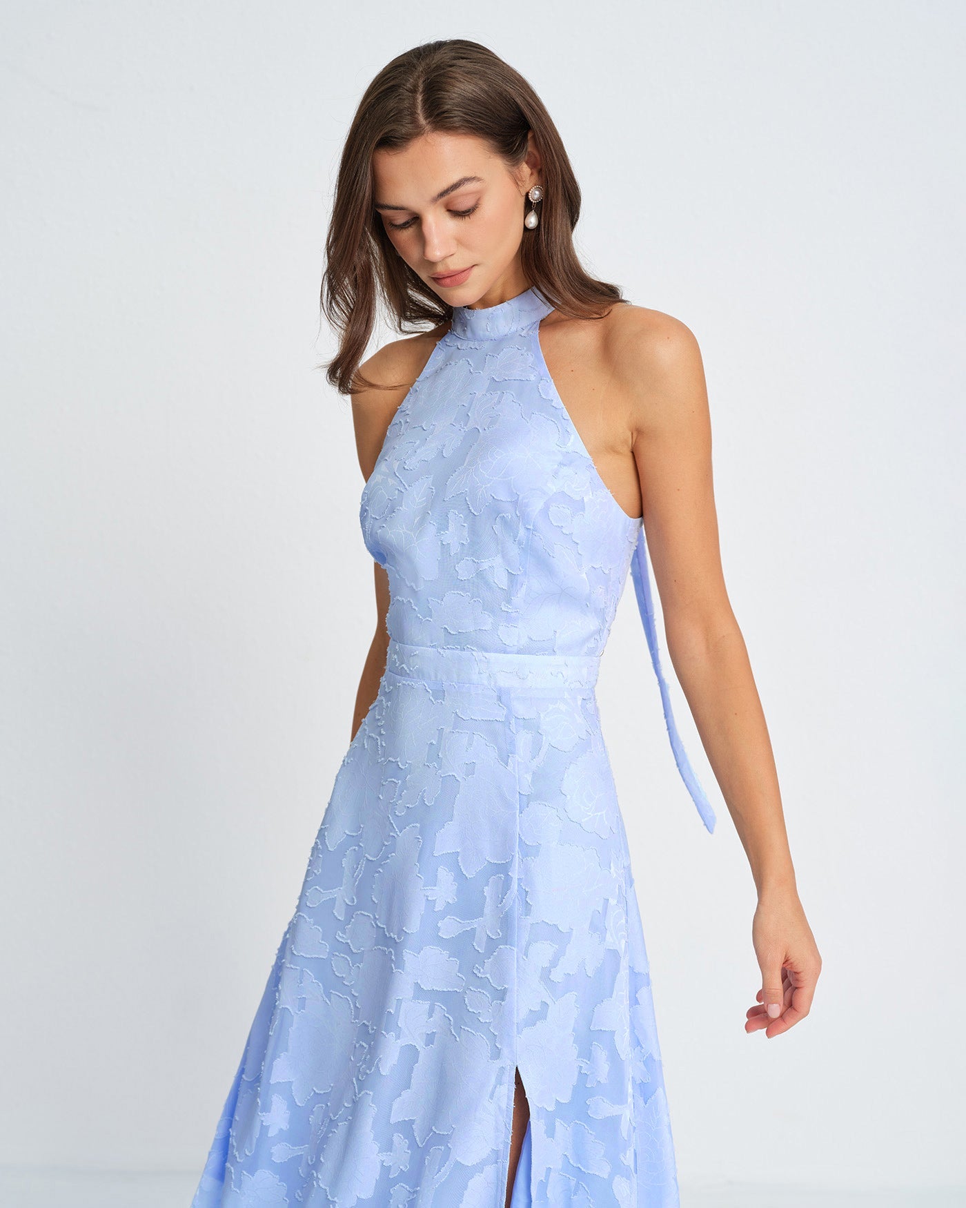 Blue Mock Neck Jacquard Maxi Dress | Rihoas