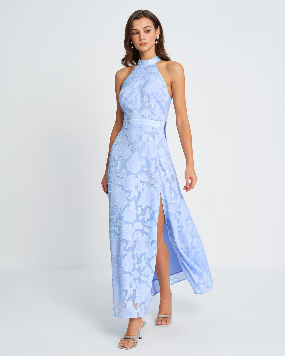 Blue Mock Neck Jacquard Maxi Dress | Rihoas