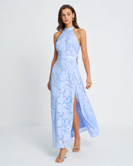 Blue Mock Neck Jacquard Maxi Dress | Rihoas