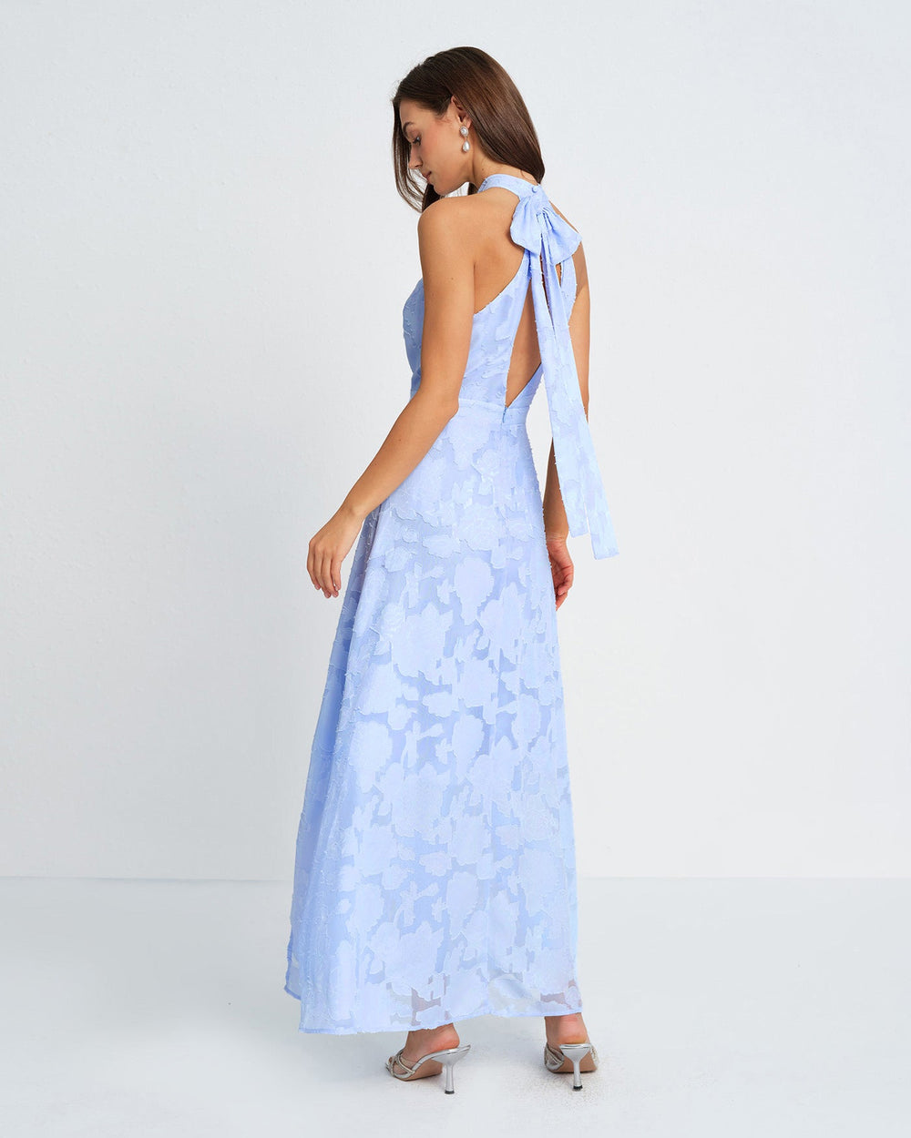 Blue Mock Neck Jacquard Maxi Dress | Rihoas