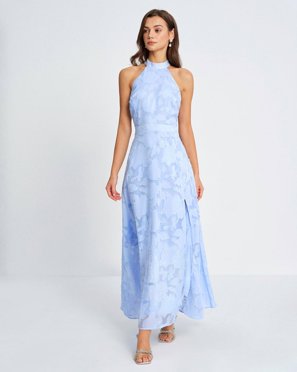 Blue Mock Neck Jacquard Maxi Dress | Rihoas