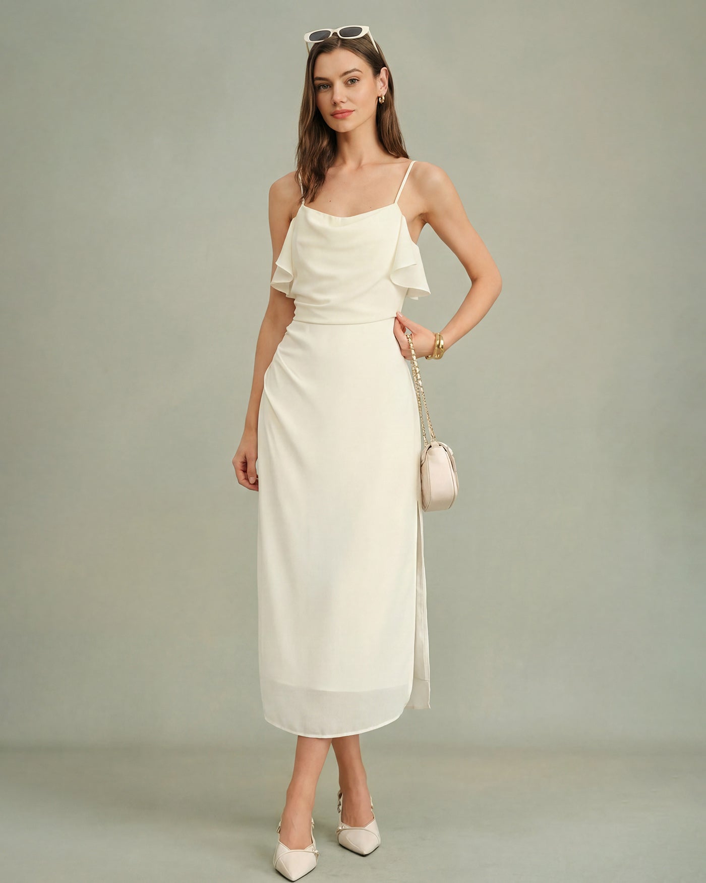 Apricot Ruffle Slip Chiffon Midi Dress | Rihoas