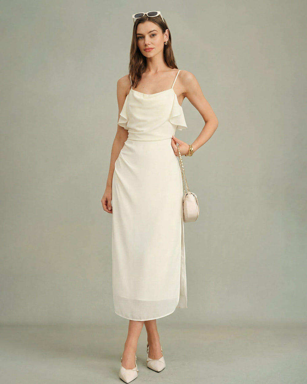Apricot Ruffle Slip Chiffon Midi Dress | Rihoas
