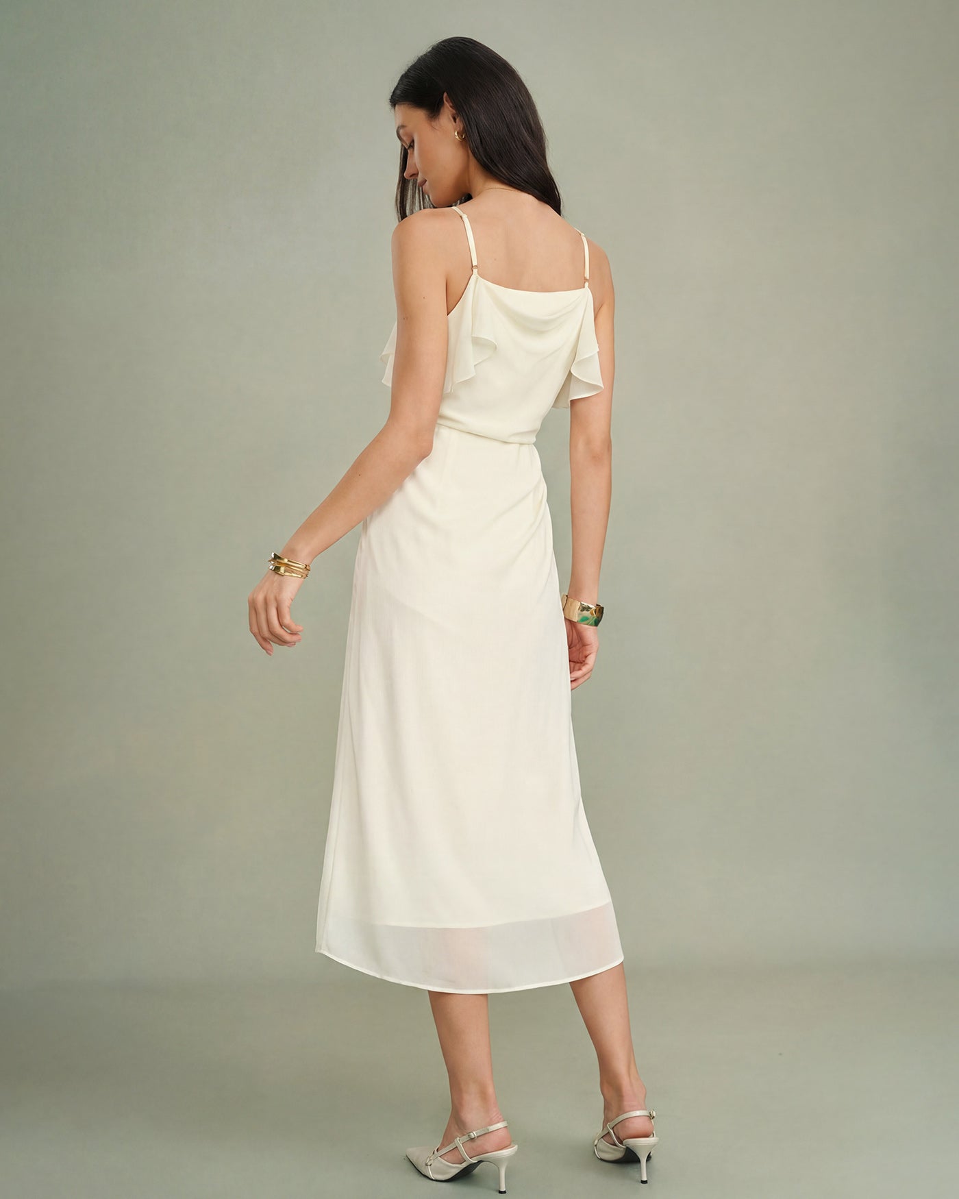 Apricot Ruffle Slip Chiffon Midi Dress | Rihoas