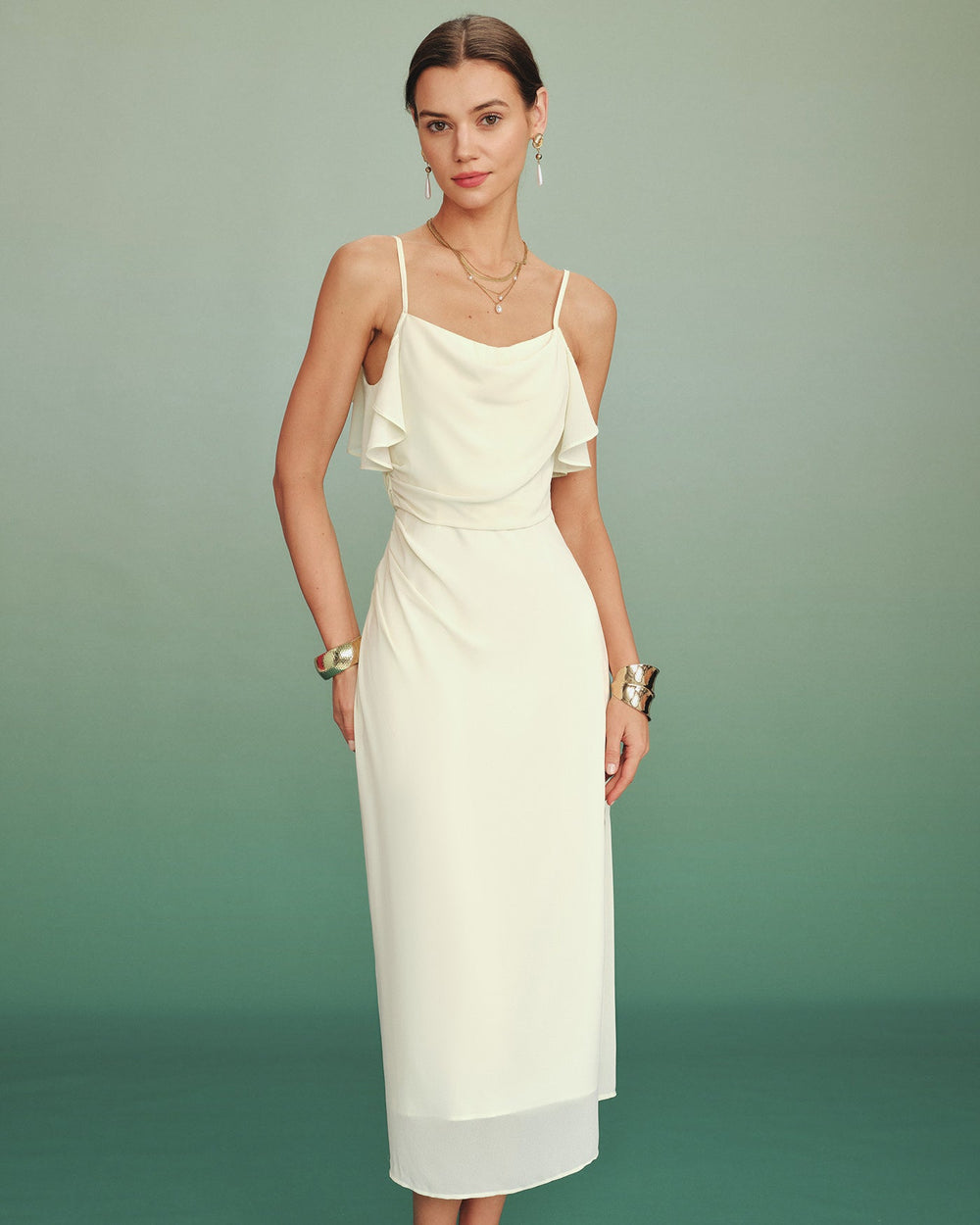 Apricot Ruffle Slip Chiffon Midi Dress | Rihoas