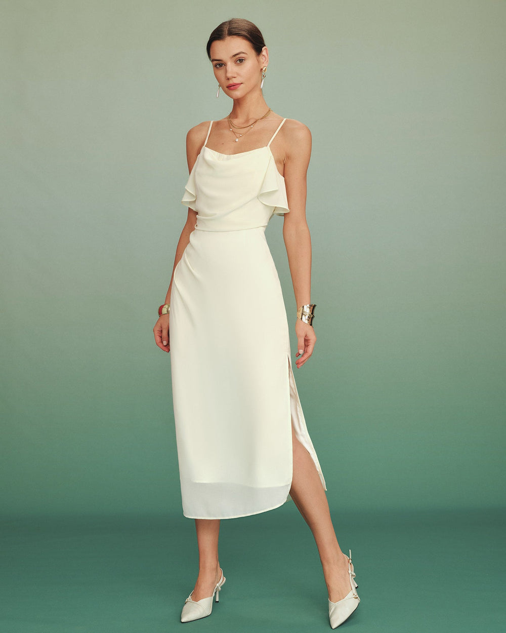 Apricot Ruffle Slip Chiffon Midi Dress | Rihoas