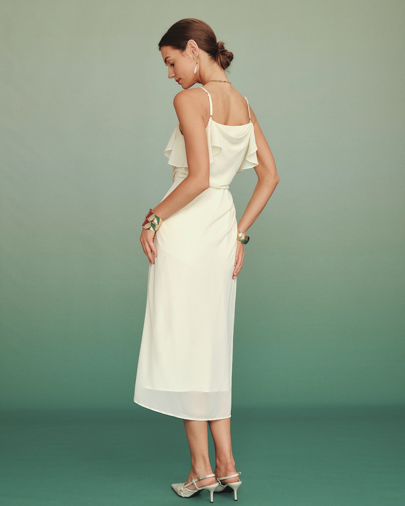Apricot Ruffle Slip Chiffon Midi Dress | Rihoas