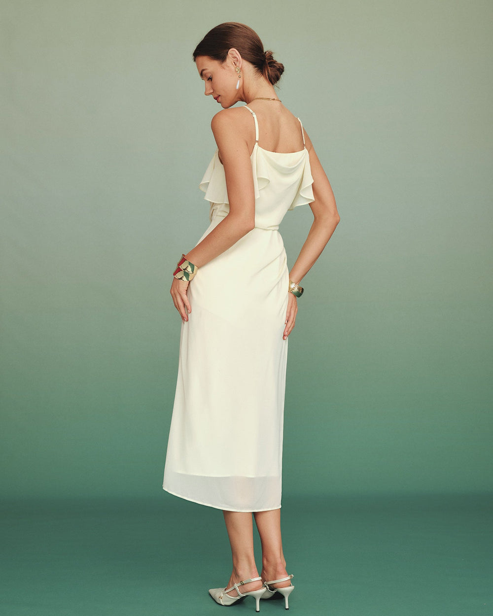 Apricot Ruffle Slip Chiffon Midi Dress | Rihoas