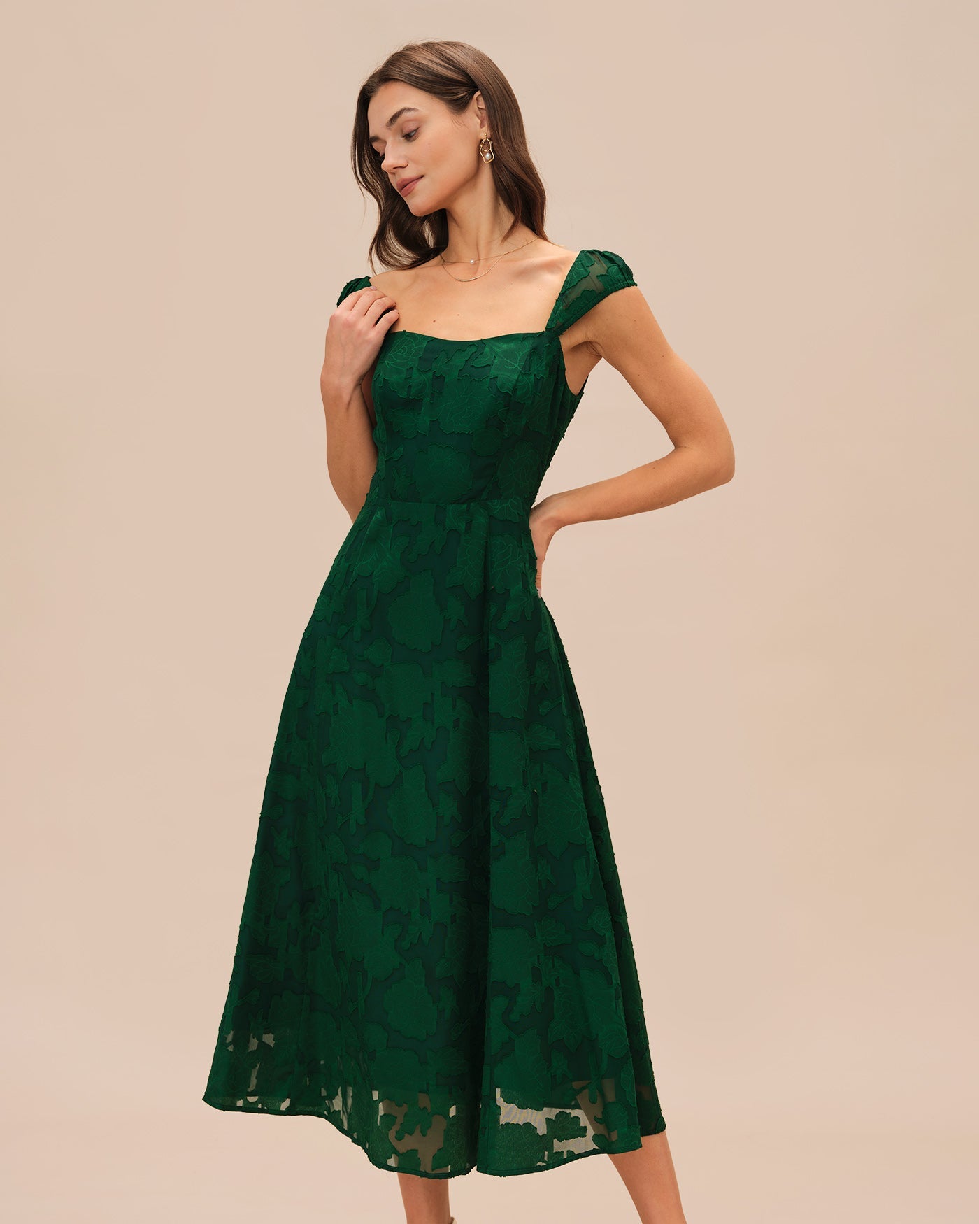 Green Jacquard Cap Sleeve Midi Dress | Rihoas