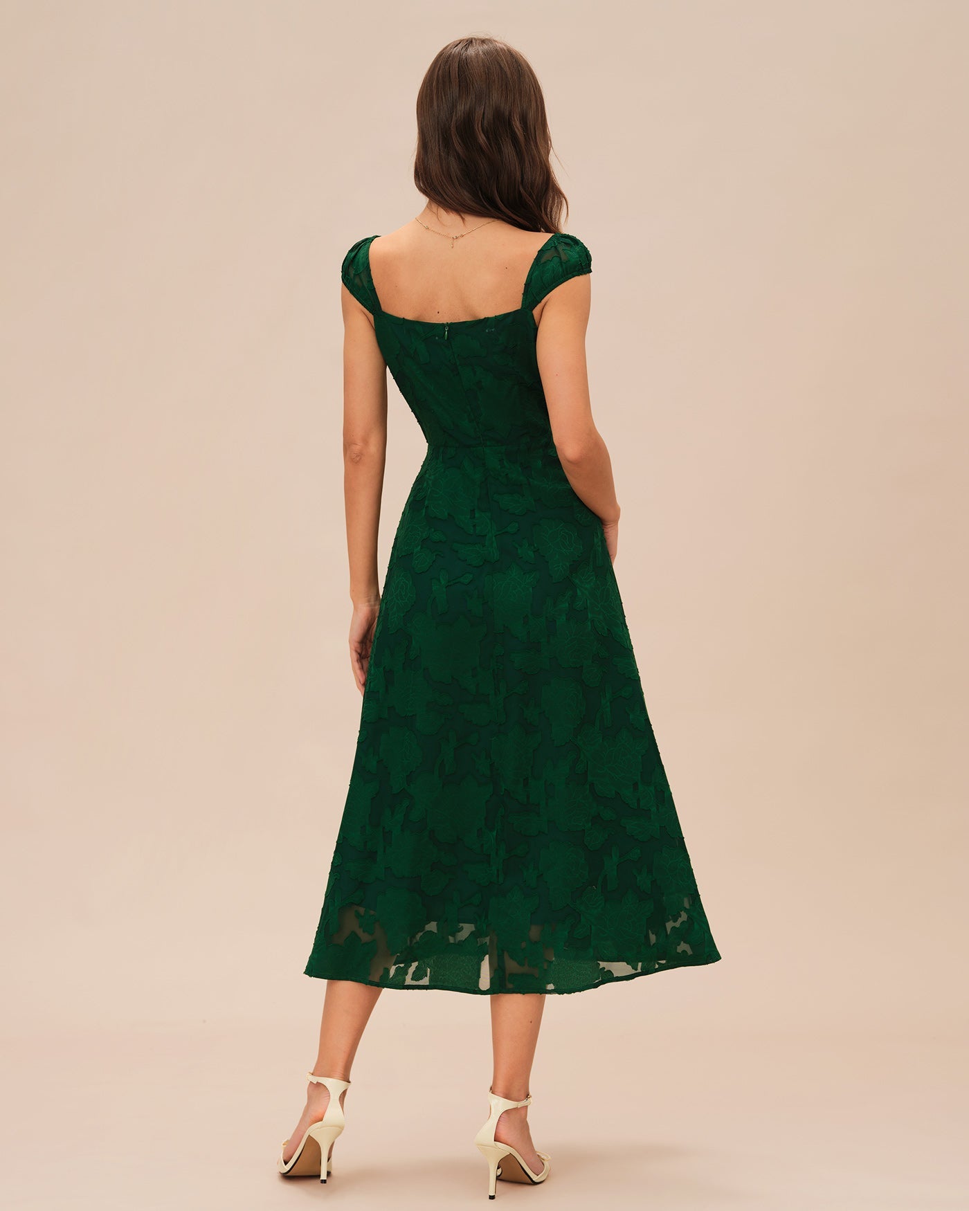 Green Jacquard Cap Sleeve Midi Dress | Rihoas