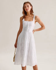 White Jacquard Shirred Slip Midi Dress | Rihoas