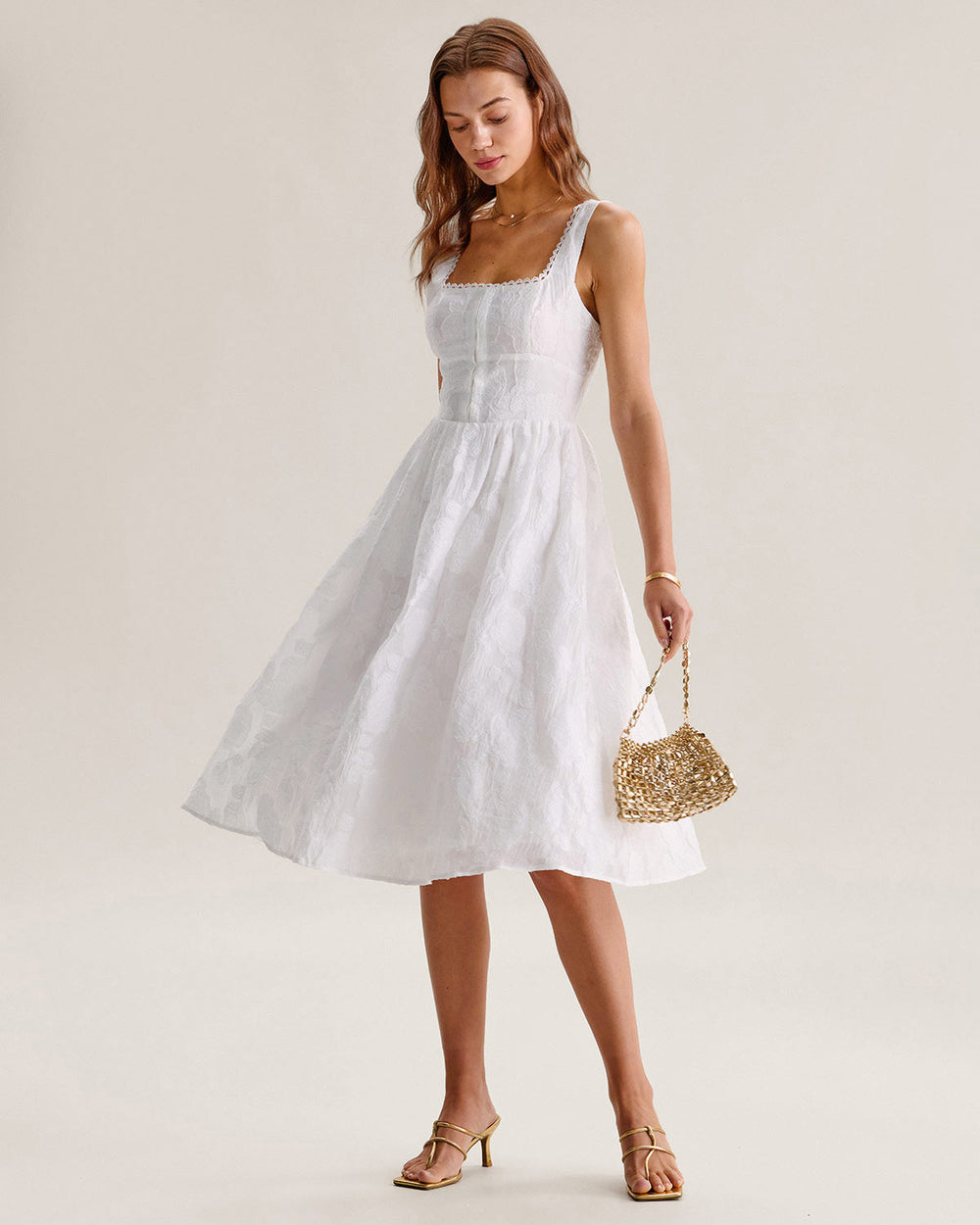 White Jacquard Shirred Slip Midi Dress | Rihoas