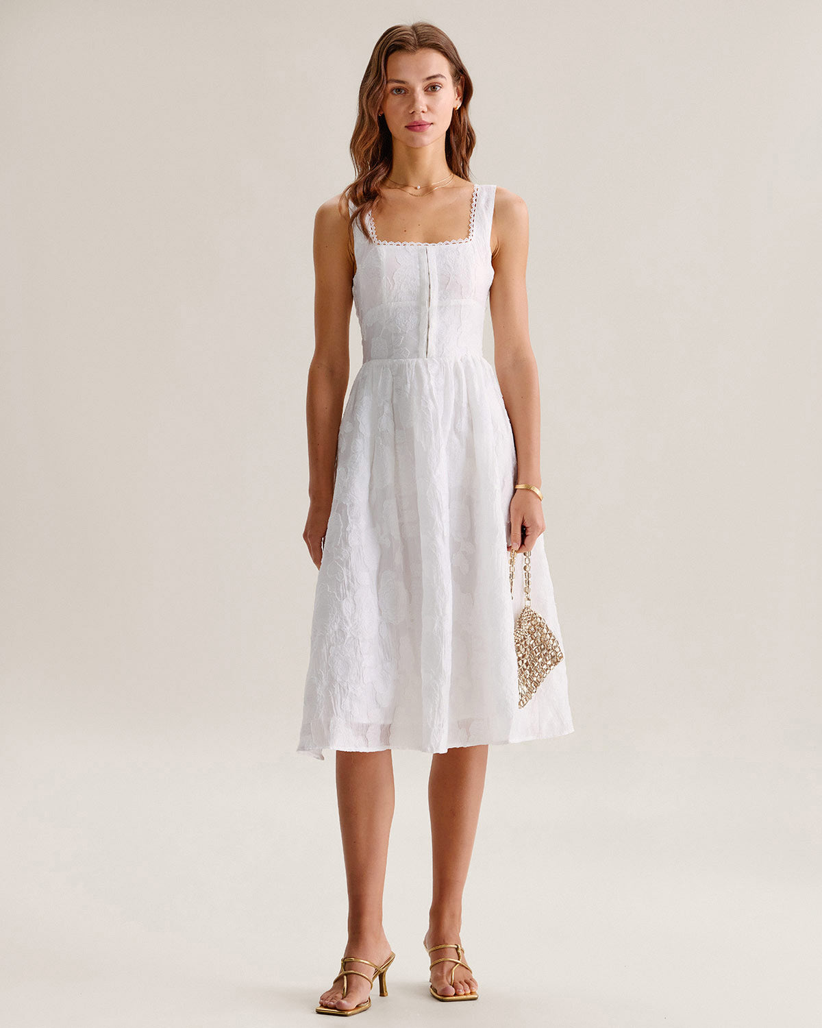 White Jacquard Shirred Slip Midi Dress | Rihoas