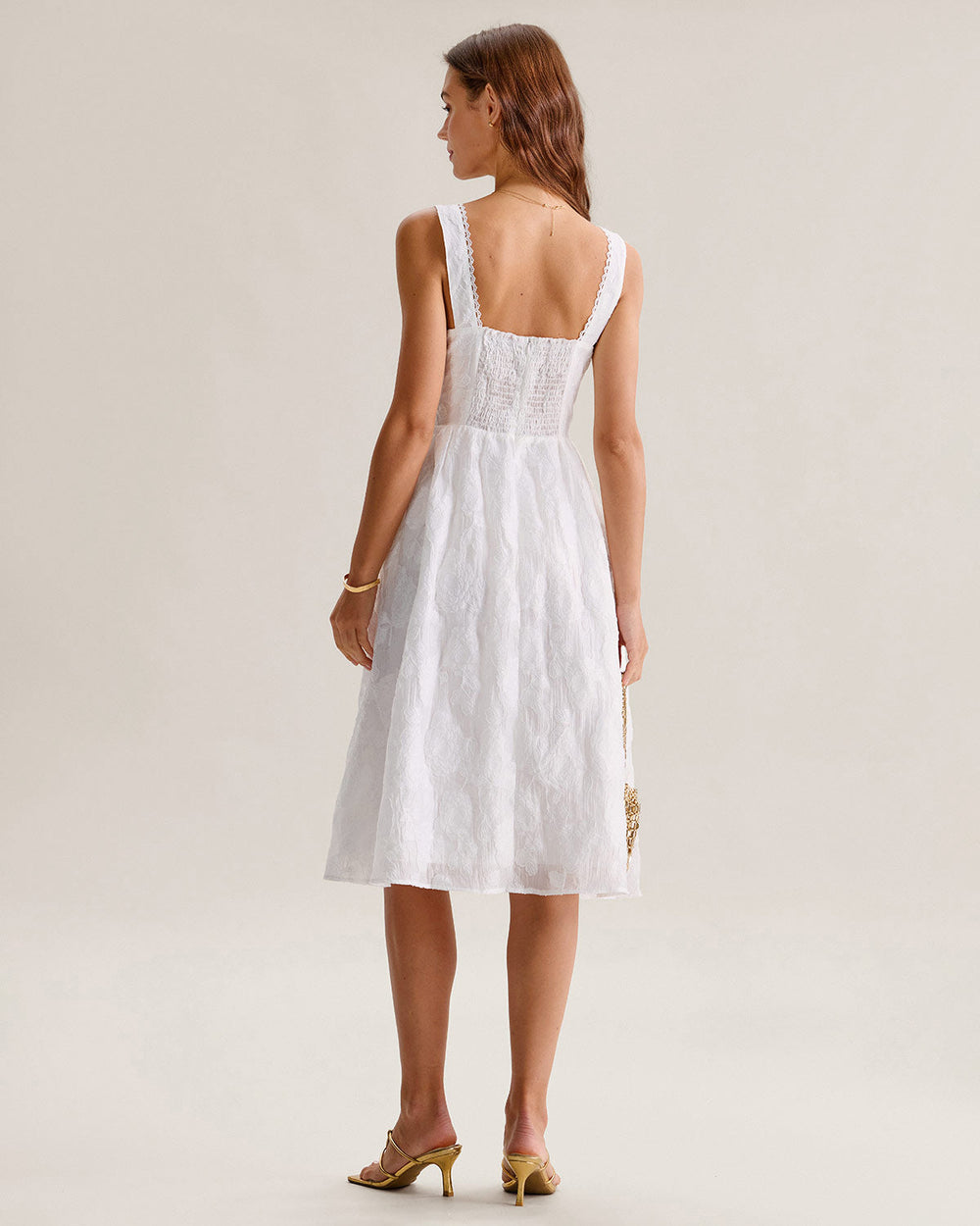 White Jacquard Shirred Slip Midi Dress | Rihoas