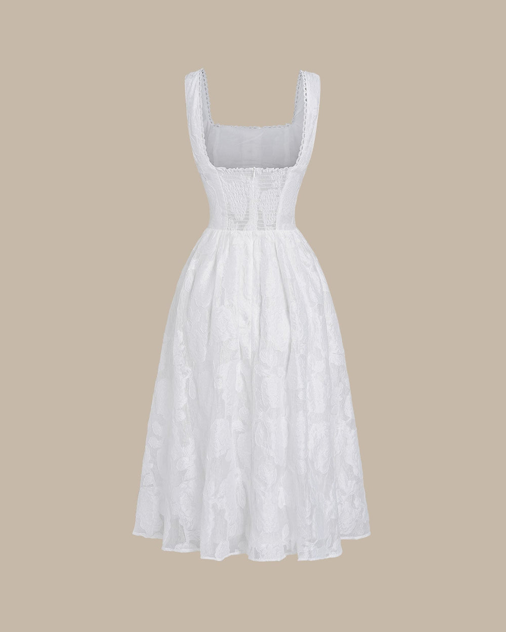 White Jacquard Shirred Slip Midi Dress | Rihoas