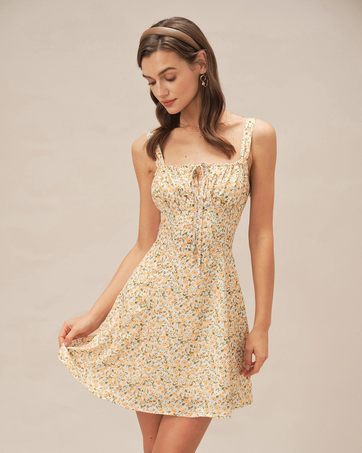 Yellow Floral Strap Mini Dress | Rihoas