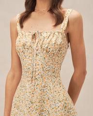 Yellow Floral Strap Mini Dress | Rihoas