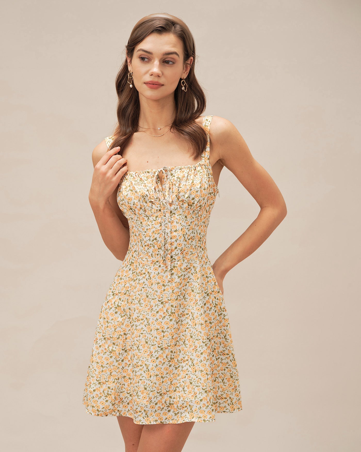 Yellow Floral Strap Mini Dress | Rihoas