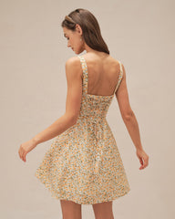 Yellow Floral Strap Mini Dress | Rihoas
