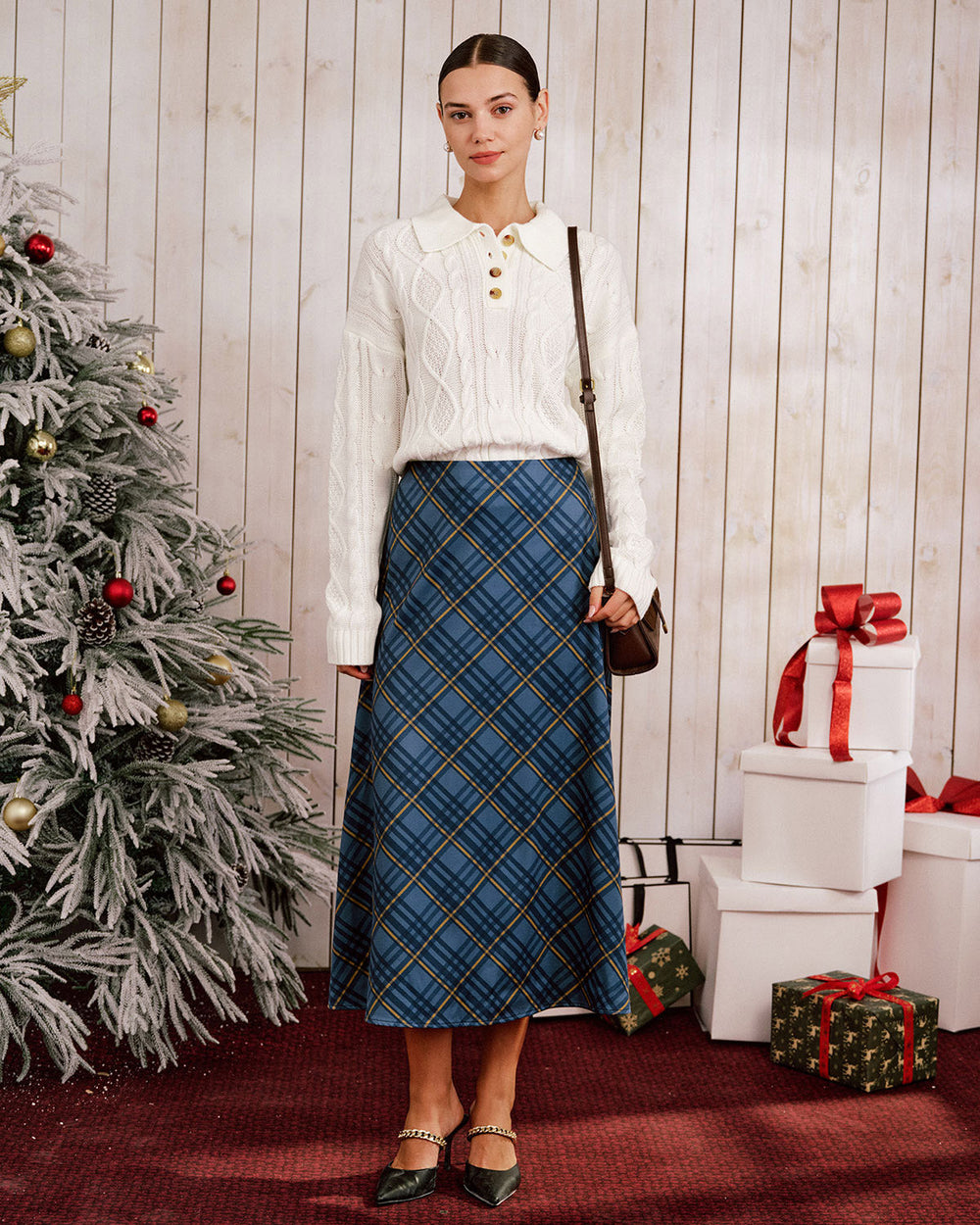 Blue Plaid A-Line Midi Skirt | Rihoas