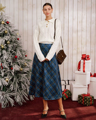 Blue Plaid A-Line Midi Skirt | Rihoas