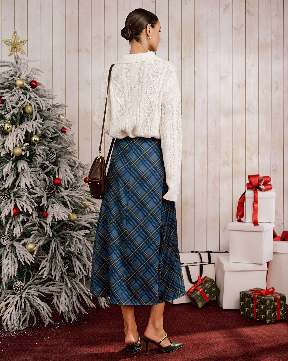 Blue Plaid A-Line Midi Skirt | Rihoas