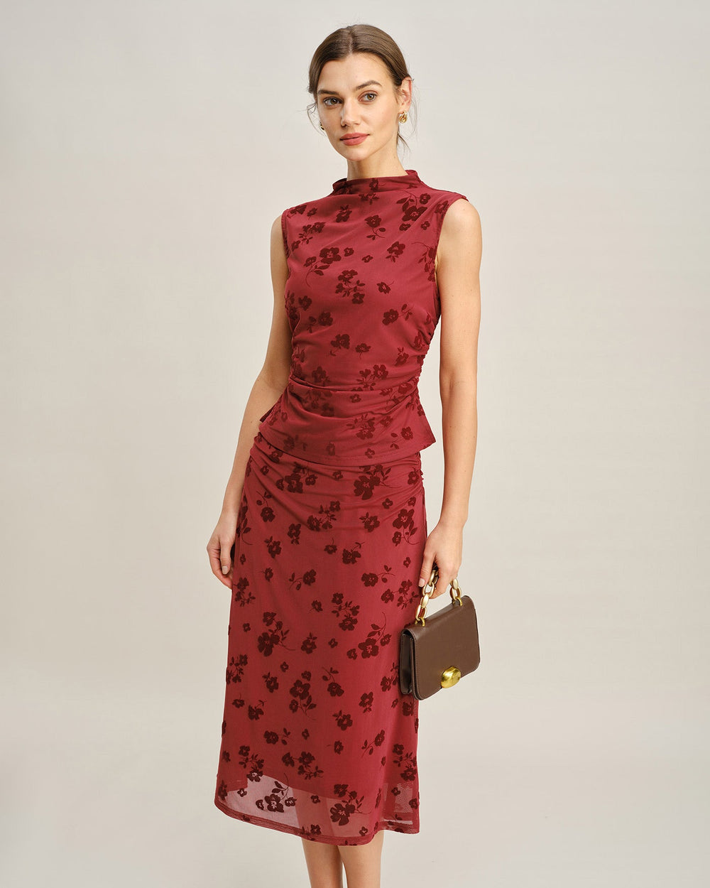 Red Mock Neck Floral Tank Top | Rihoas