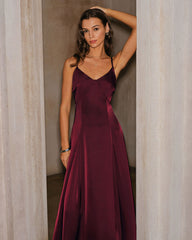 Wine Red Satin A-Line Slip Maxi Dress | Rihoas