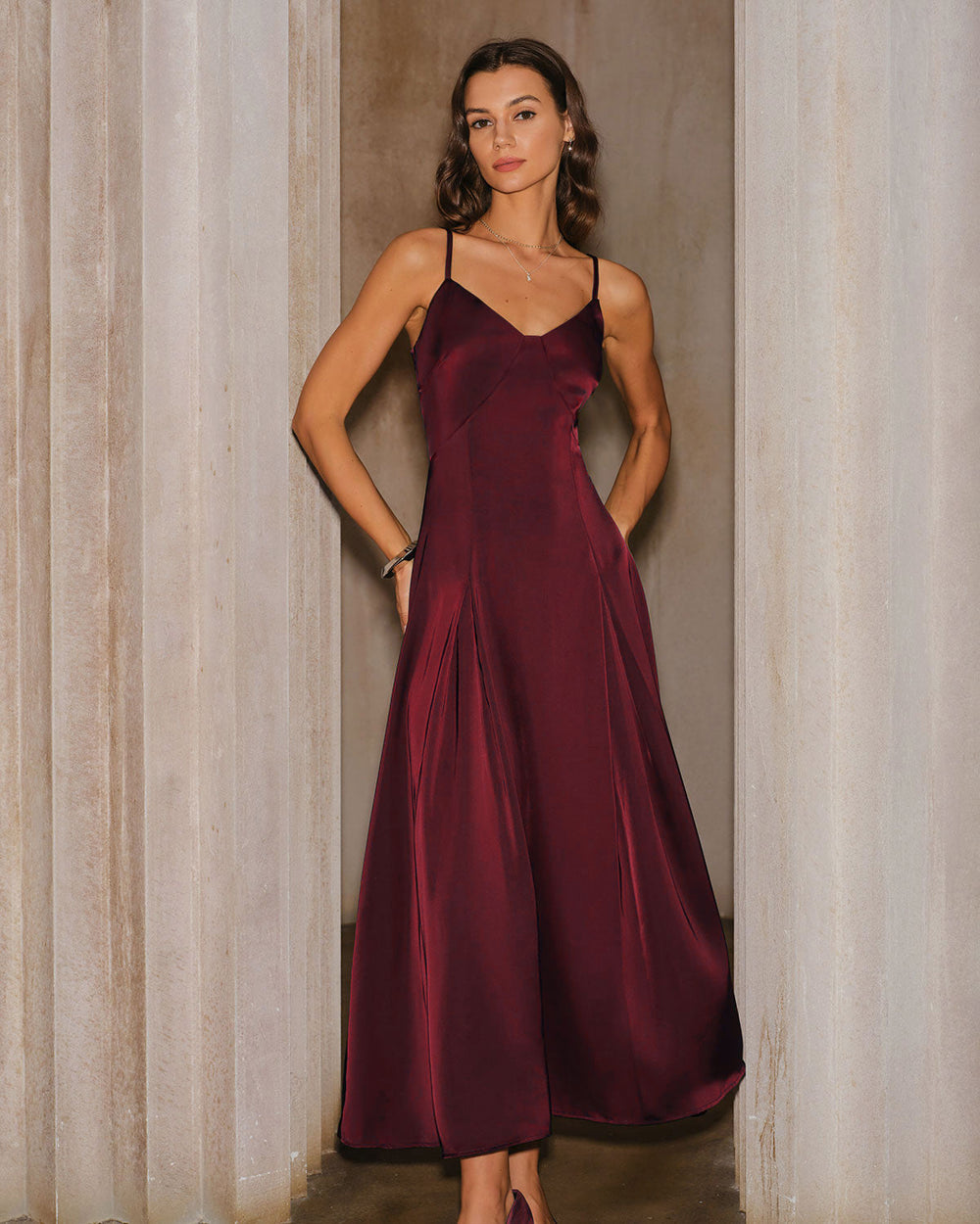 Wine Red Satin A-Line Slip Maxi Dress | Rihoas