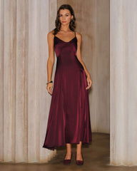 Wine Red Satin A-Line Slip Maxi Dress | Rihoas
