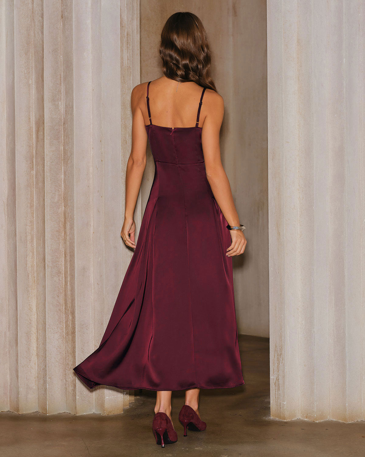 Wine Red Satin A-Line Slip Maxi Dress | Rihoas