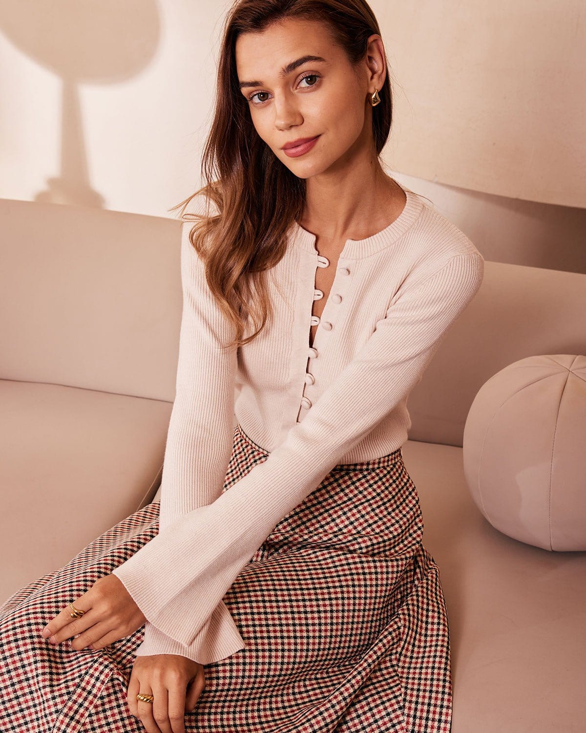The Apricot Round Neck Button Up Knit Top | Rihoas
