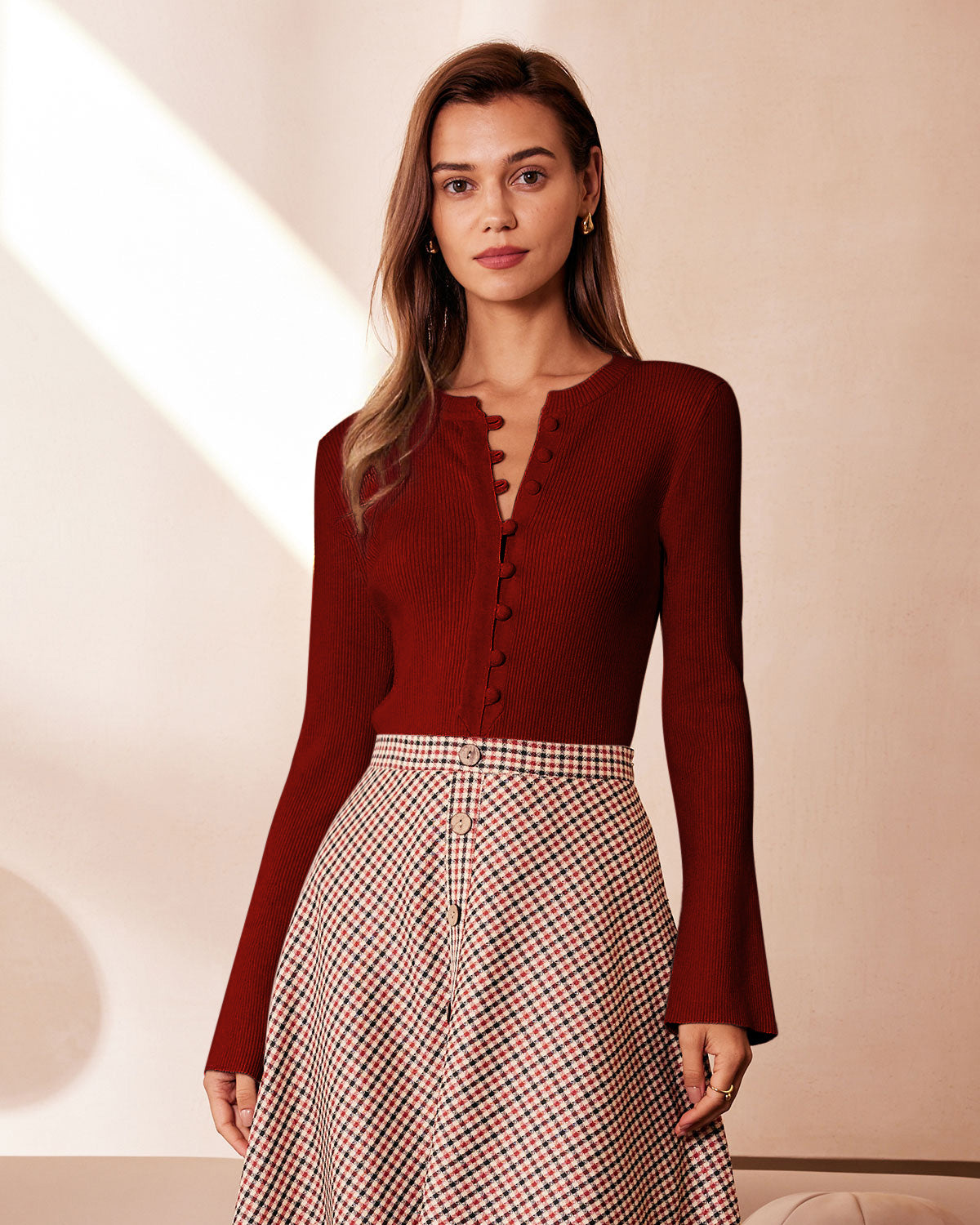 Red Bell Sleeve Ribbed Knit Tee | Rihoas