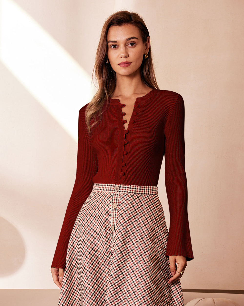 Red Bell Sleeve Ribbed Knit Tee | Rihoas