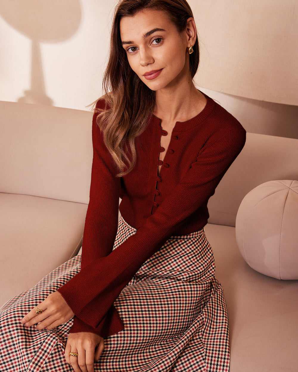 Red Bell Sleeve Ribbed Knit Tee | Rihoas