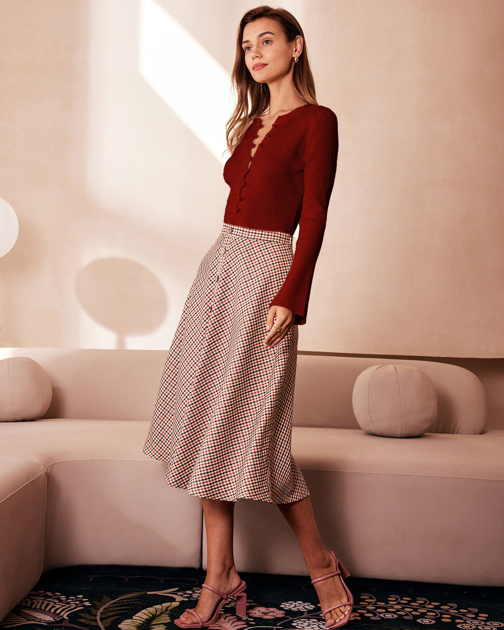 Red Bell Sleeve Ribbed Knit Tee | Rihoas