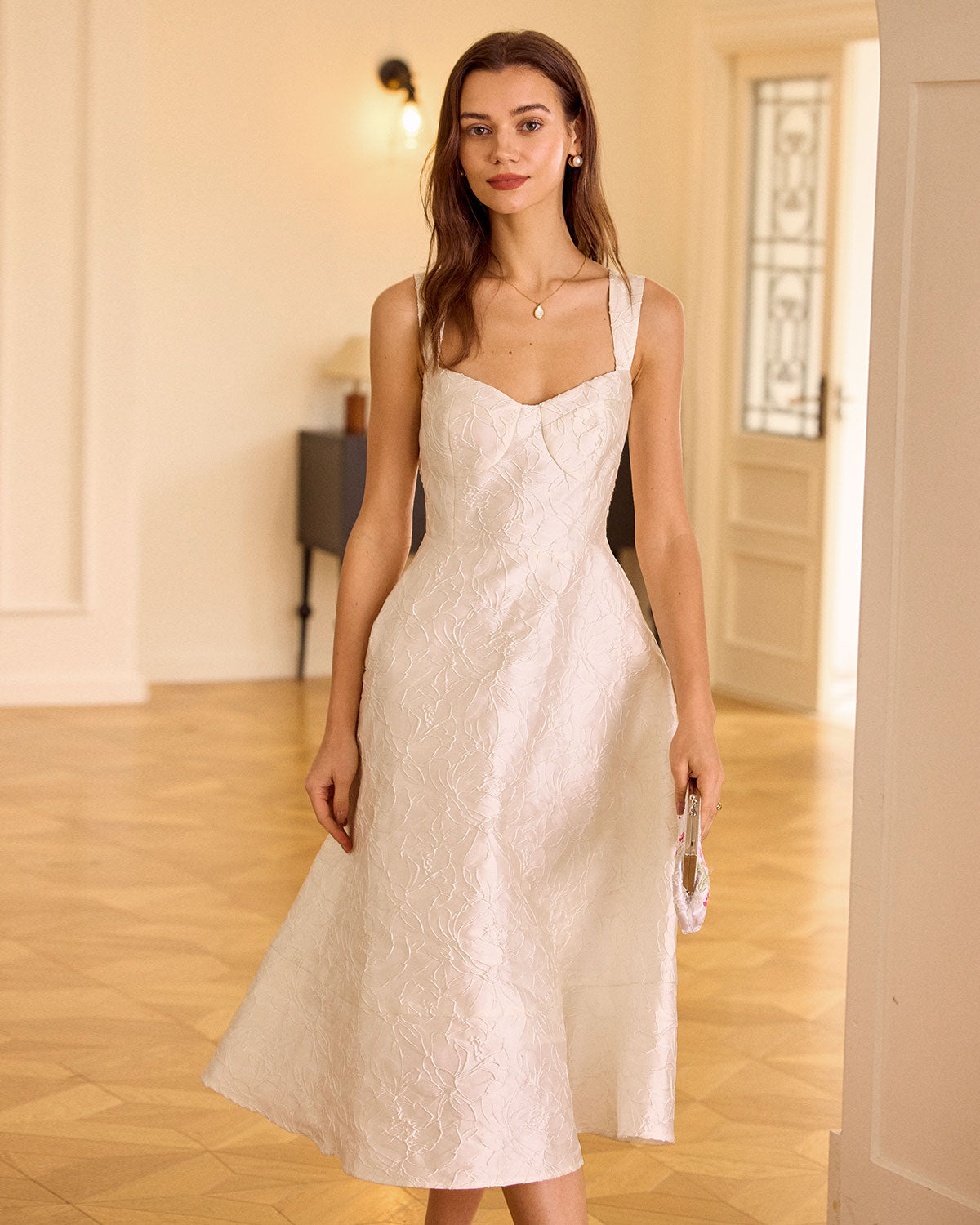 The White Sweetheart Neck Jacquard Midi Dress | Rihoas
