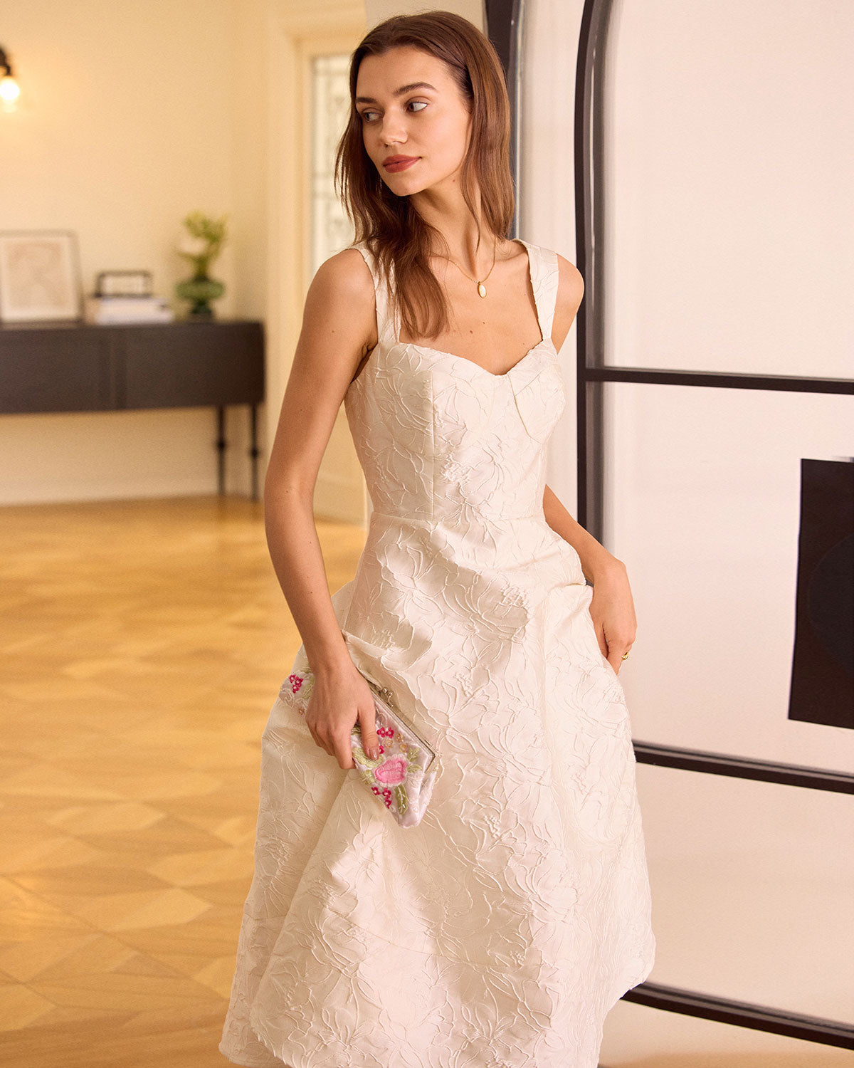 The White Sweetheart Neck Jacquard Midi Dress | Rihoas