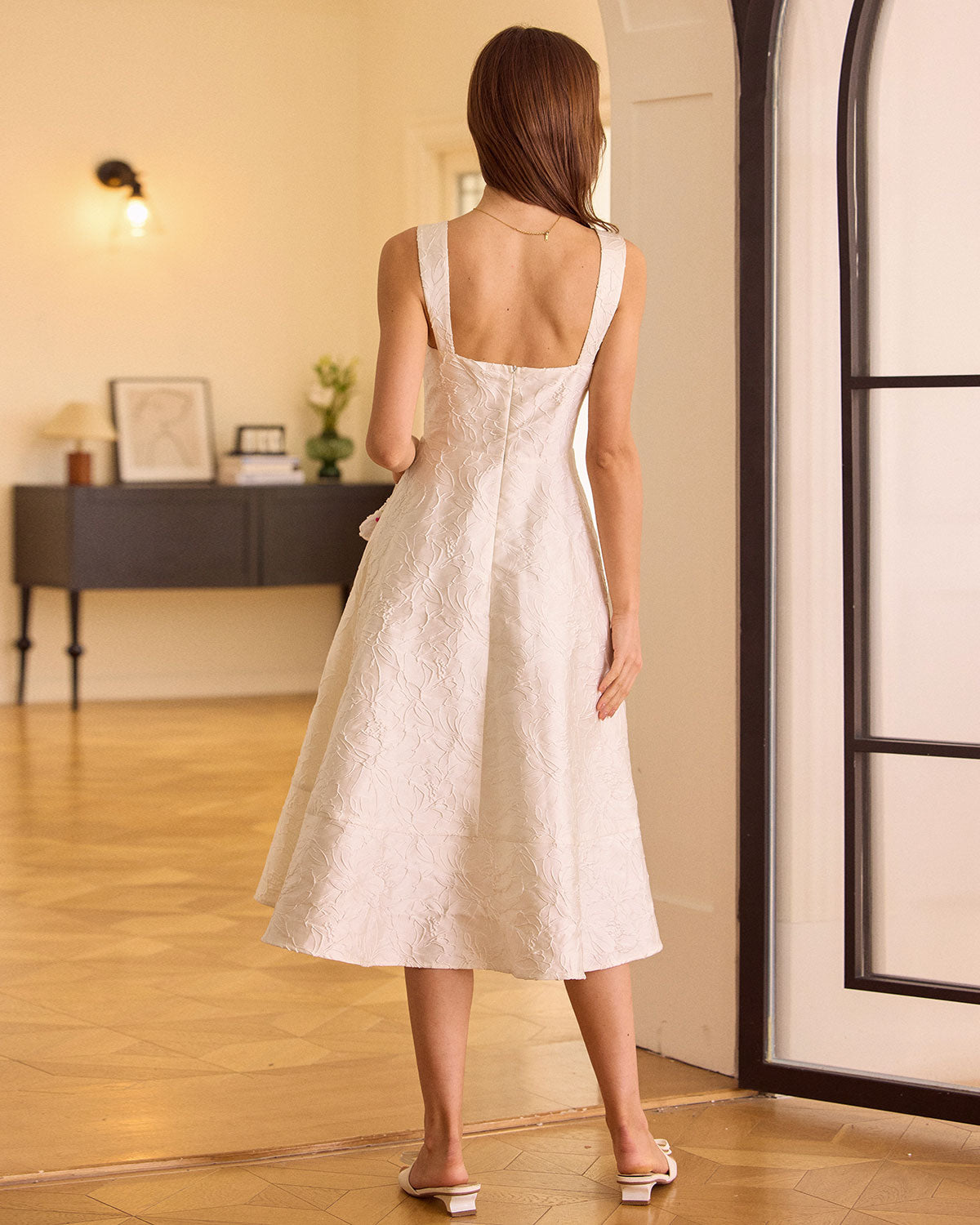 The White Sweetheart Neck Jacquard Midi Dress | Rihoas