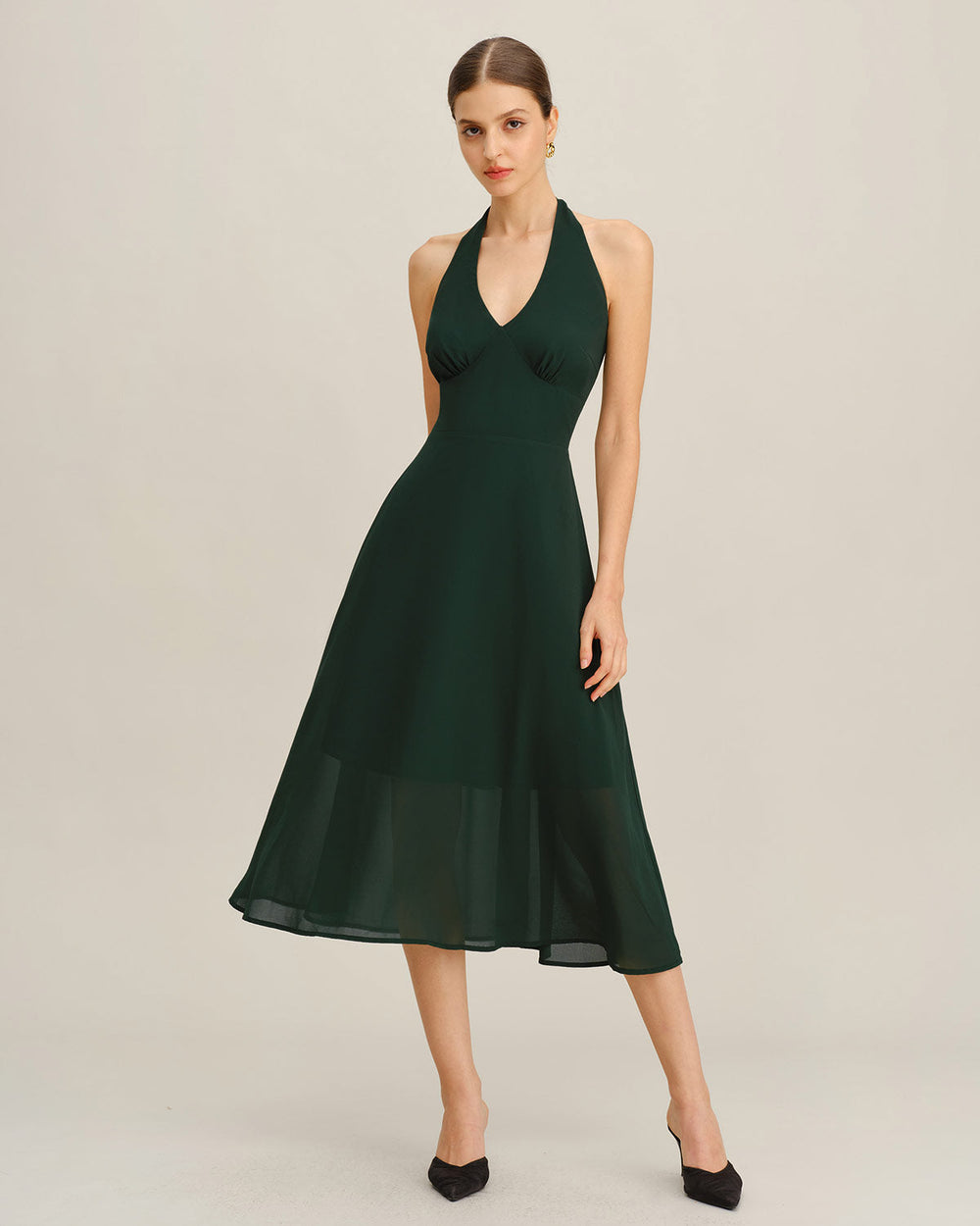 Green Chiffon A-Line Halter Midi Dress | Rihoas