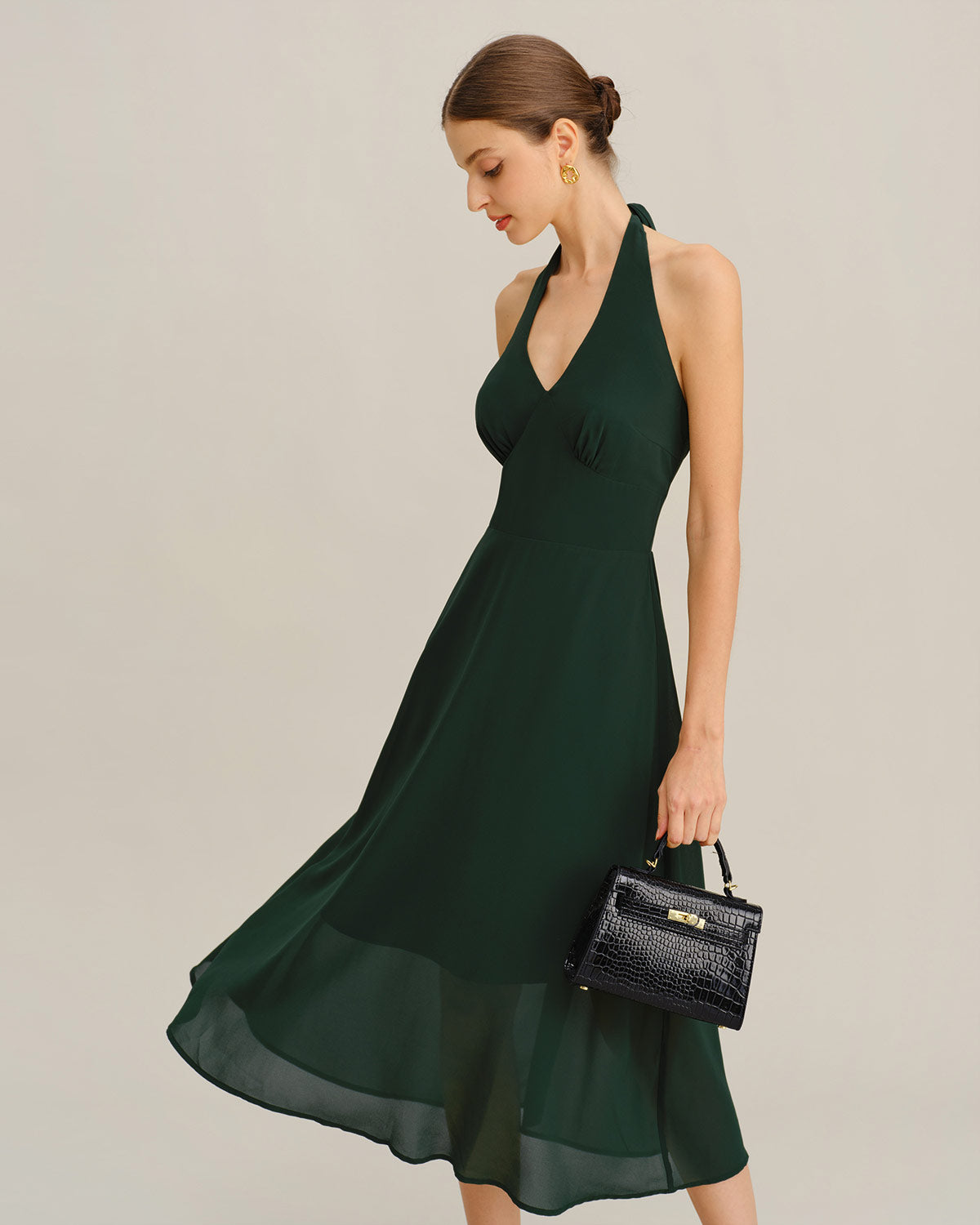 Green Chiffon A-Line Halter Midi Dress | Rihoas