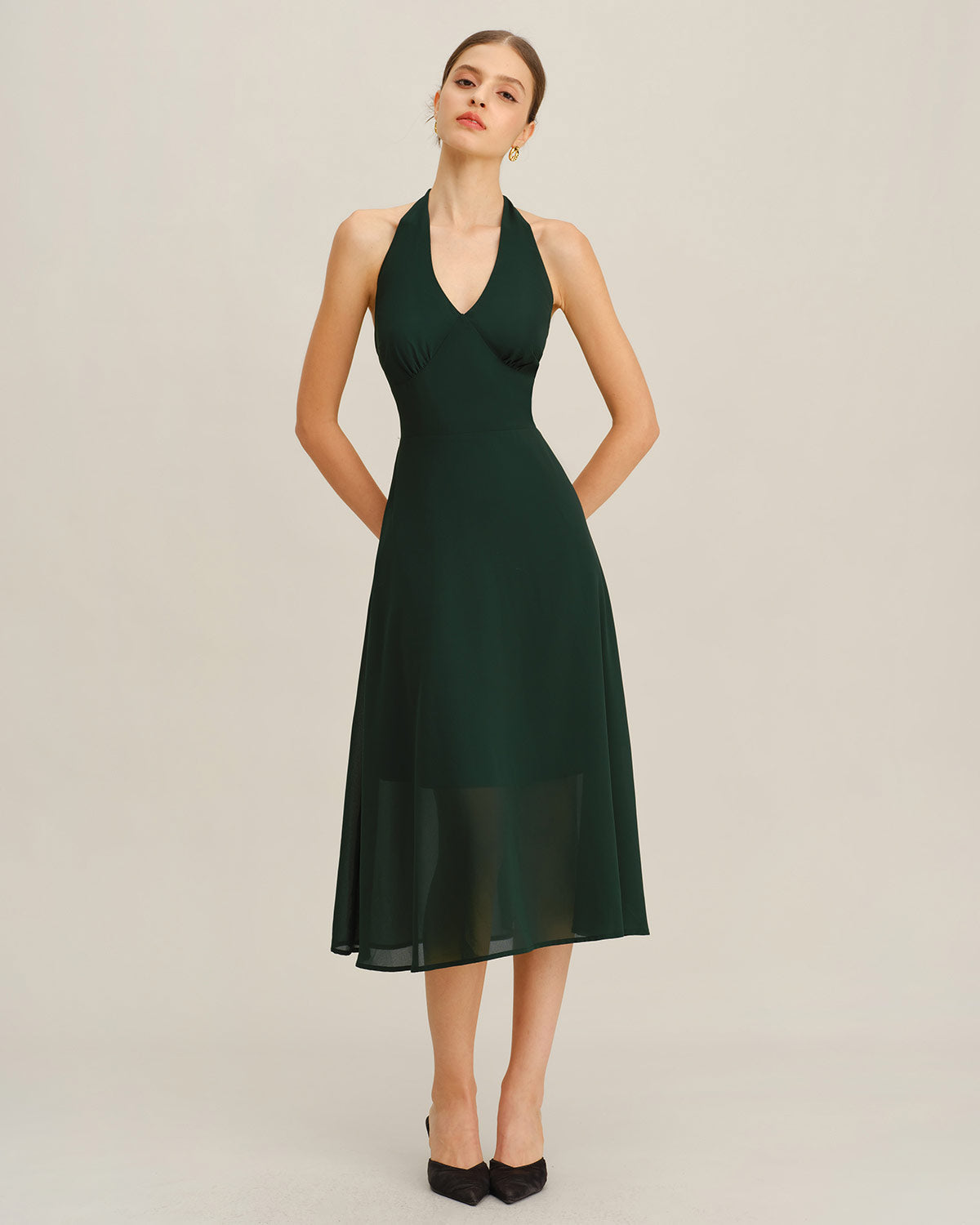 Green Chiffon A-Line Halter Midi Dress | Rihoas