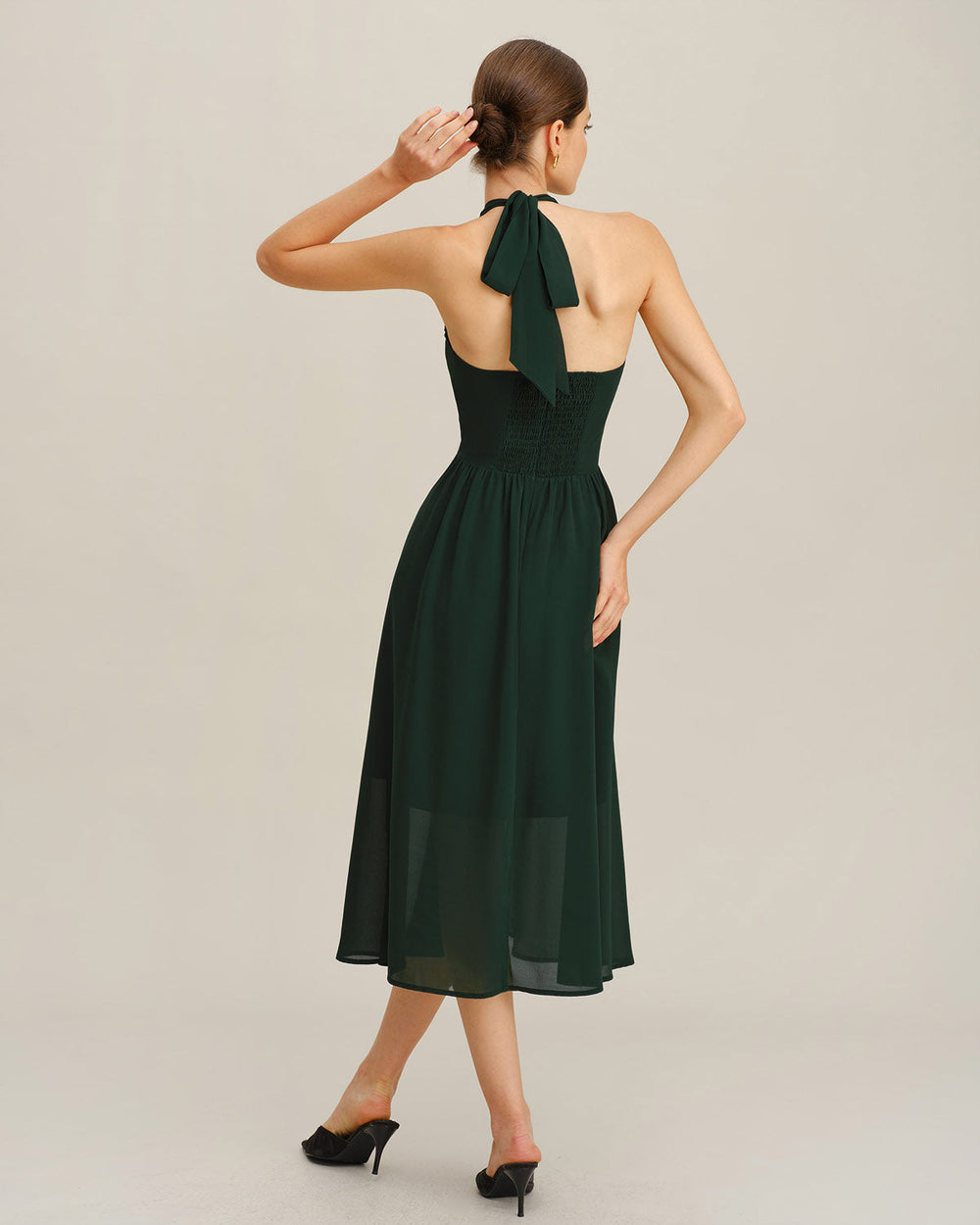 Green Chiffon A-Line Halter Midi Dress | Rihoas