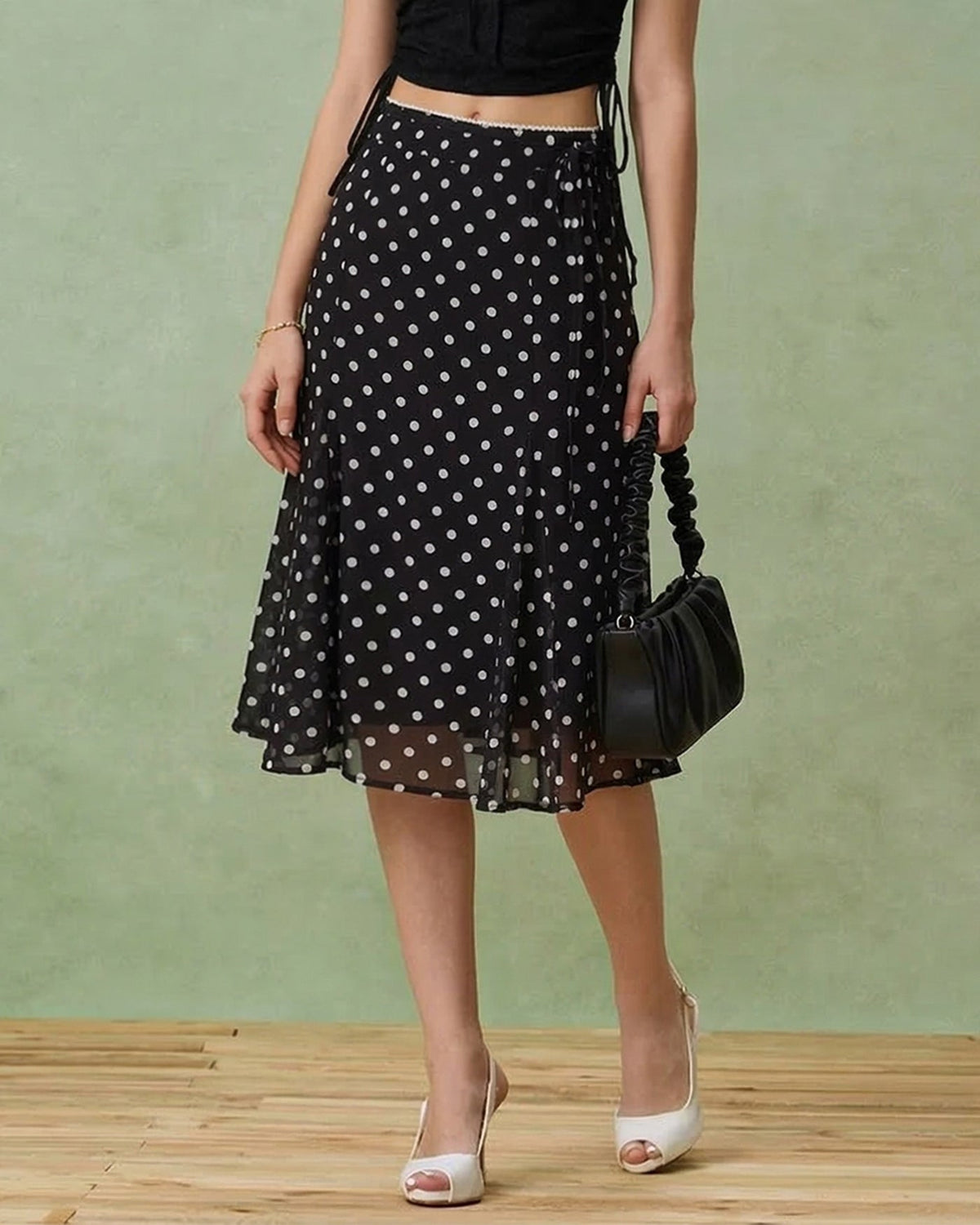 Black Polka Dot Mermaid Midi Skirt | Rihoas