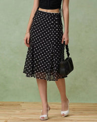 Black Polka Dot Mermaid Midi Skirt | Rihoas