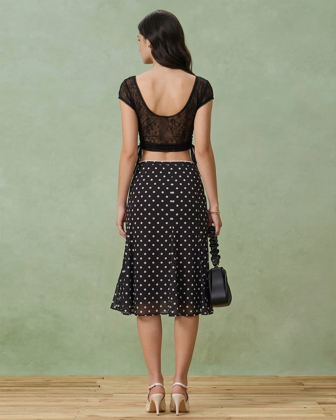 Black Polka Dot Mermaid Midi Skirt | Rihoas