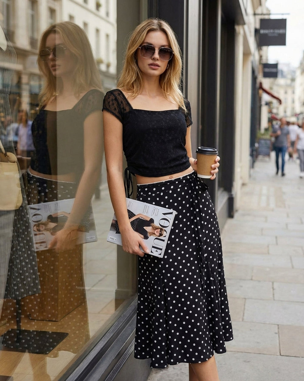 Black Polka Dot Mermaid Midi Skirt | Rihoas
