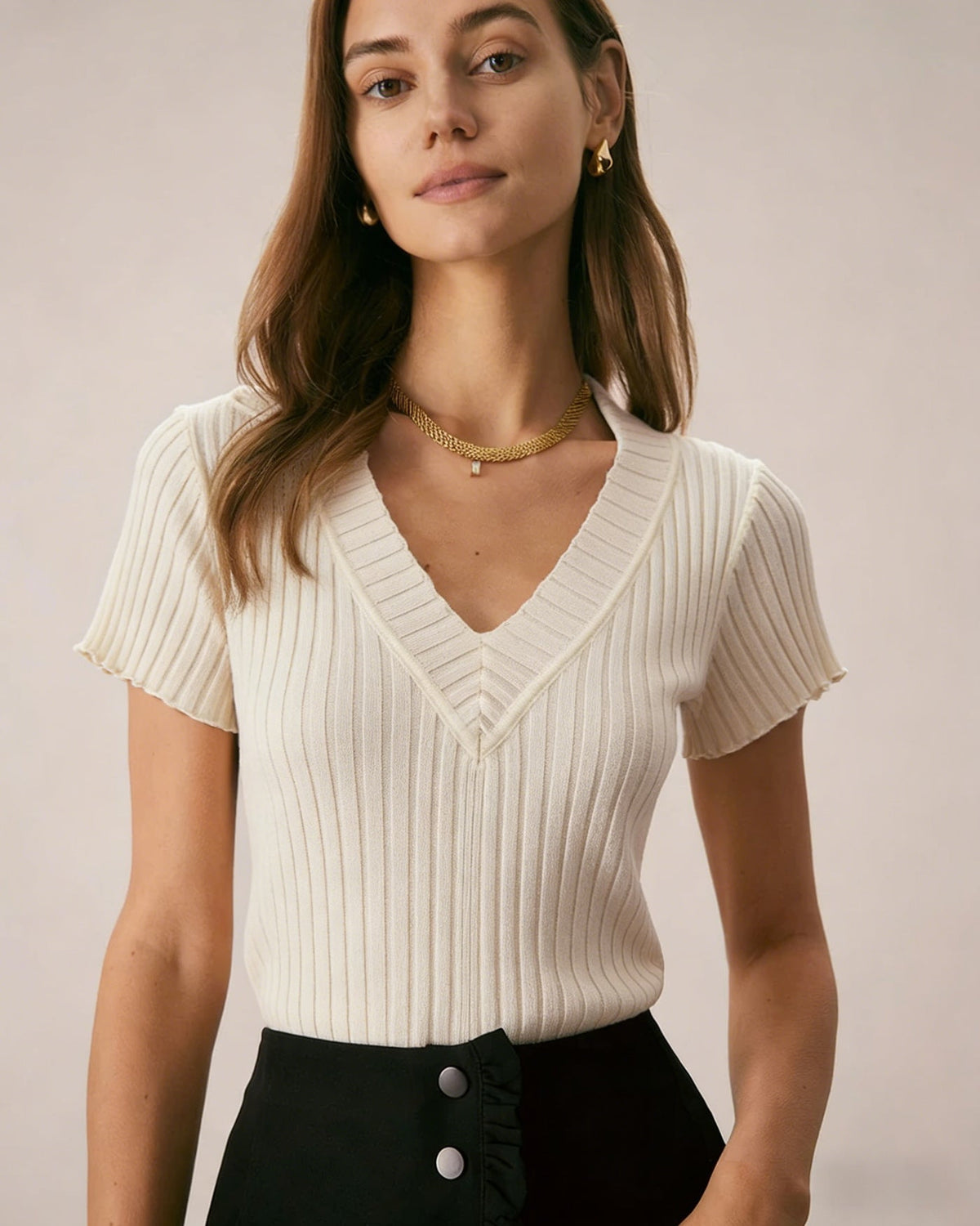 Apricot Textured  V Neck Tee | Rihoas