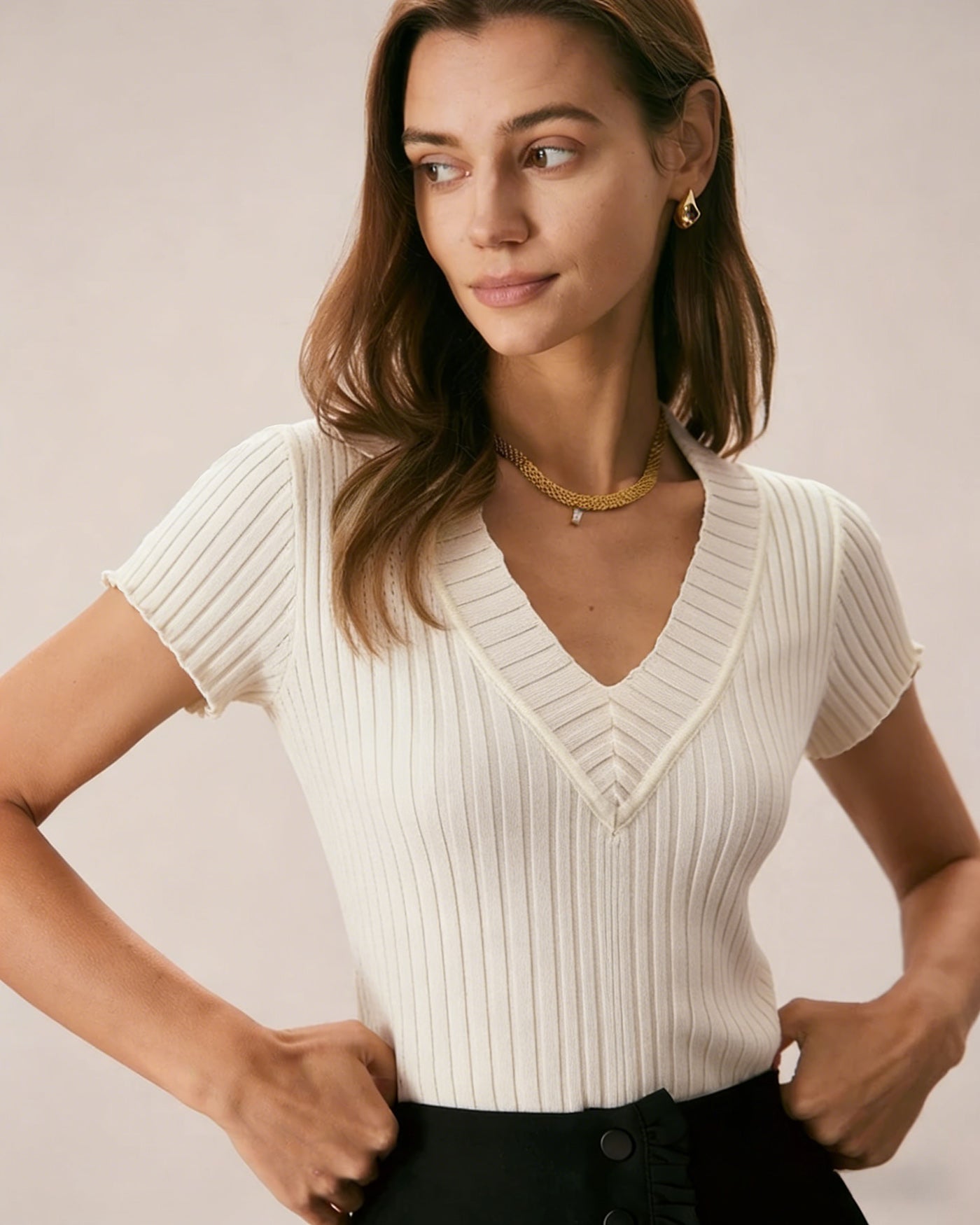 Apricot Textured  V Neck Tee | Rihoas