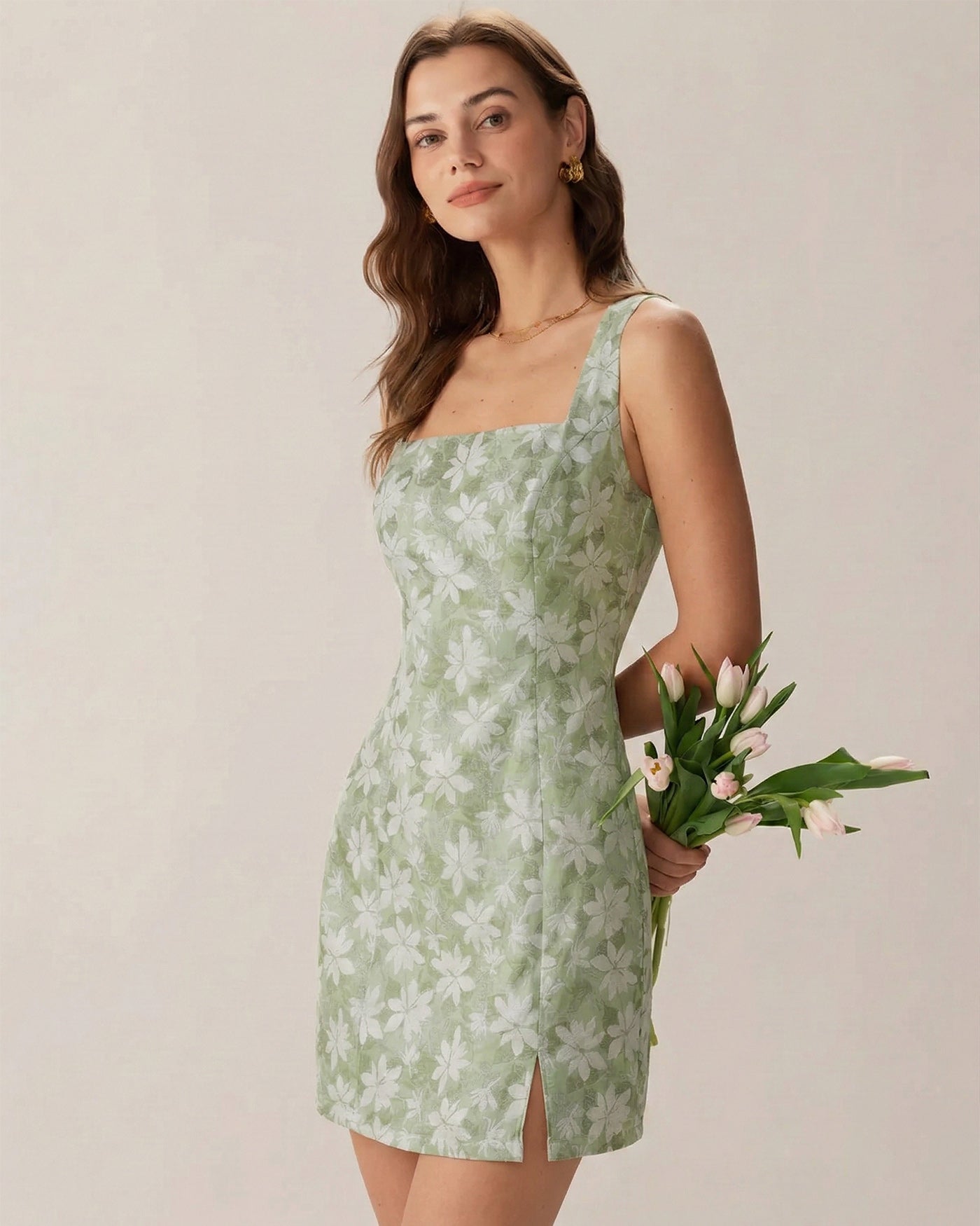 Green Square Neck Slit Floral Mini Dress | Rihoas